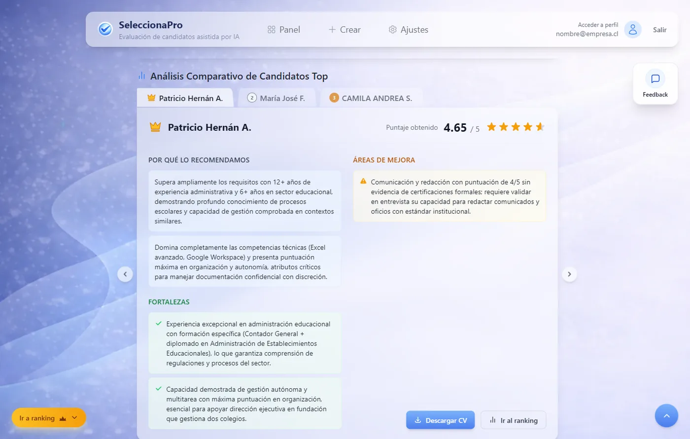 Vista detallada de fortalezas y áreas de mejora de un candidato finalista