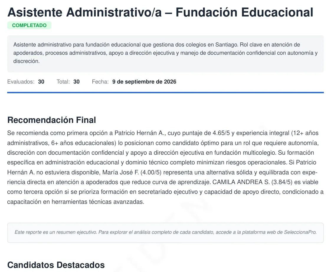 Portada del reporte PDF descargable con el resumen ejecutivo del proceso