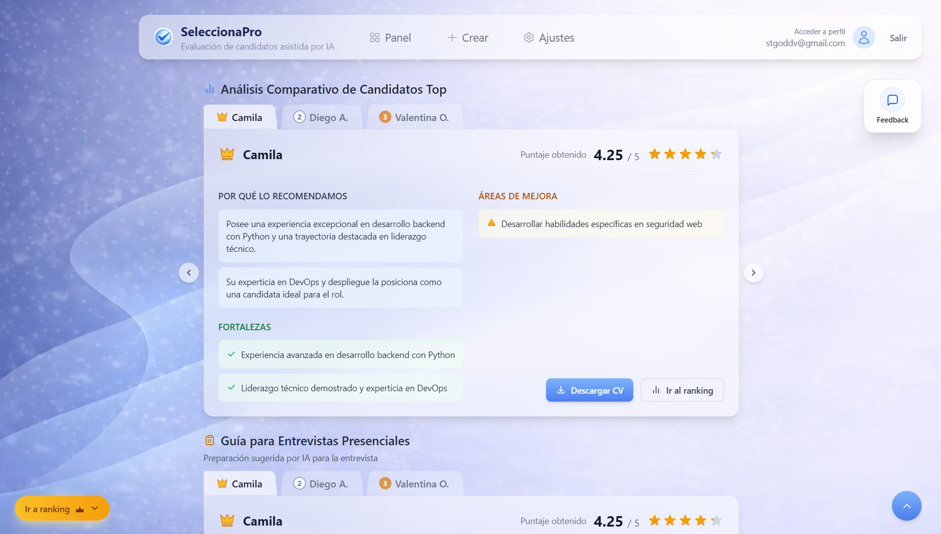Analisis comparativo de candidatos preseleccionados: fortalezas, areas de mejora y guia de entrevista